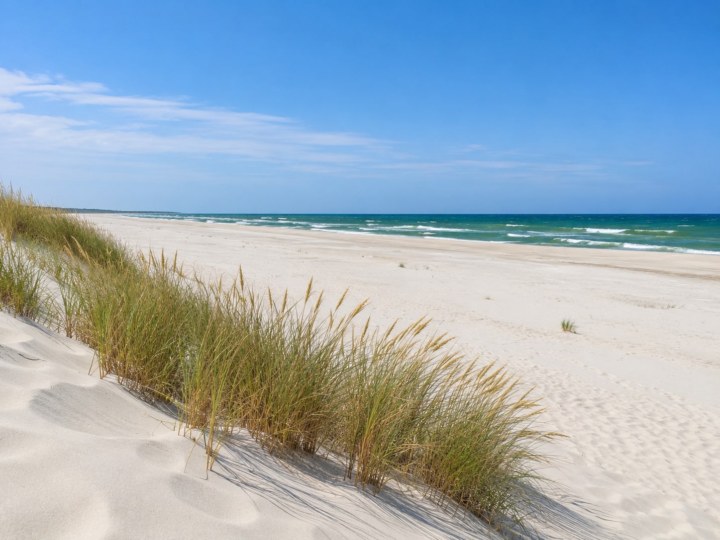 Weiter Ostseestrand bei Dierhagen mit Dünengras im Vordergrund und offener See bis zum Horizont