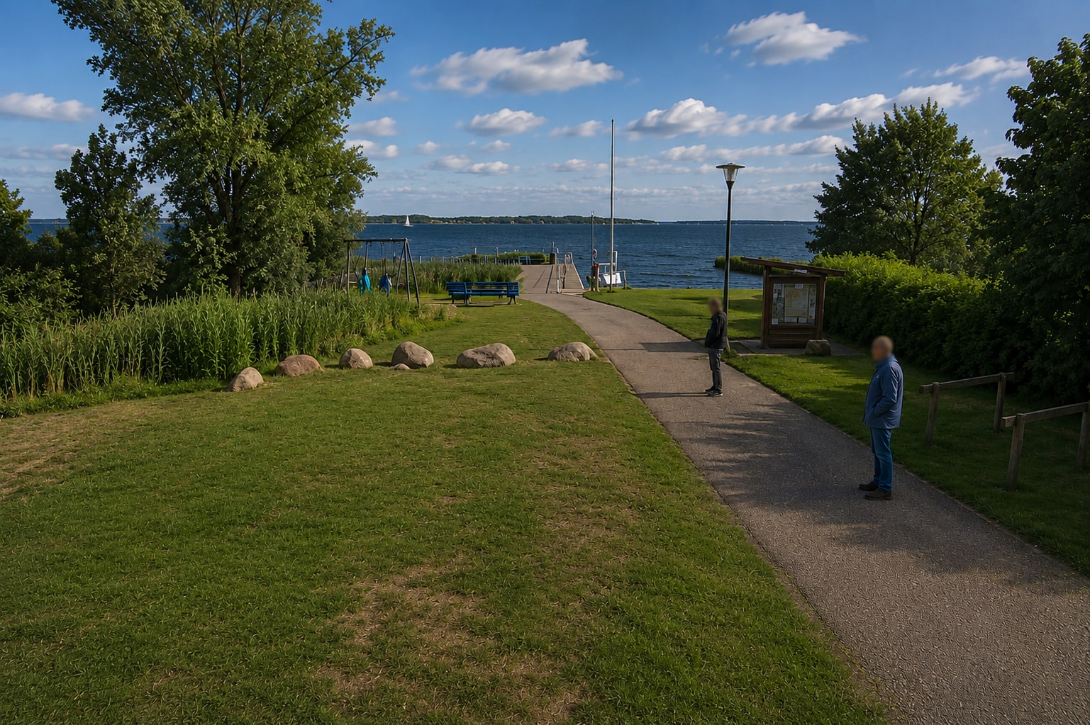Blick vom Uferweg auf den Hafen am Saaler Bodden bei Dierhagen