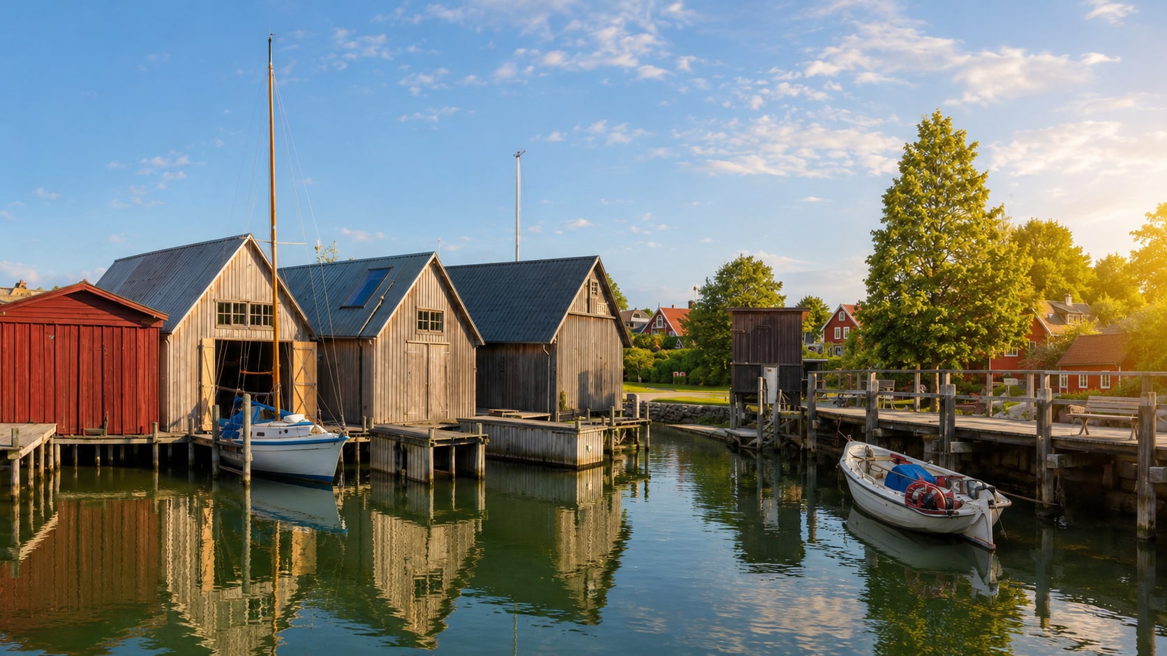 Bootsschuppen aus Holz am Hafen von Dierhagen, gespiegelt im ruhigen Boddenwasser