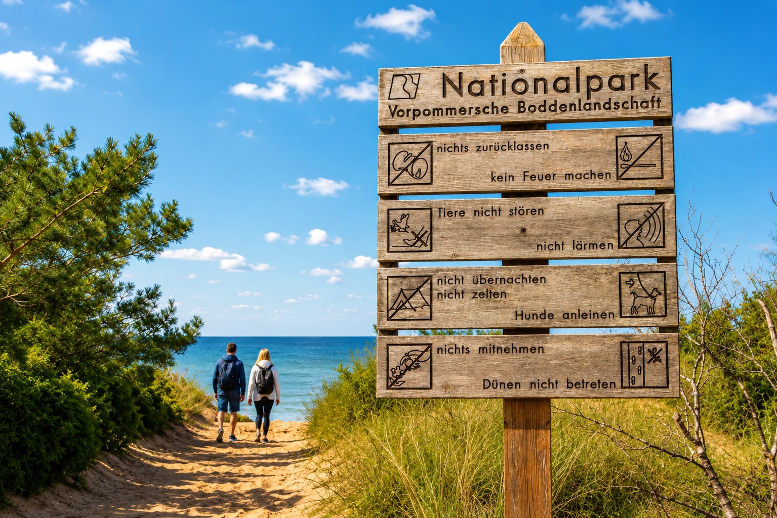 Hinweistafel des Nationalparks Vorpommersche Boddenlandschaft an einem Dünenweg, dahinter zwei Wanderer am Strand