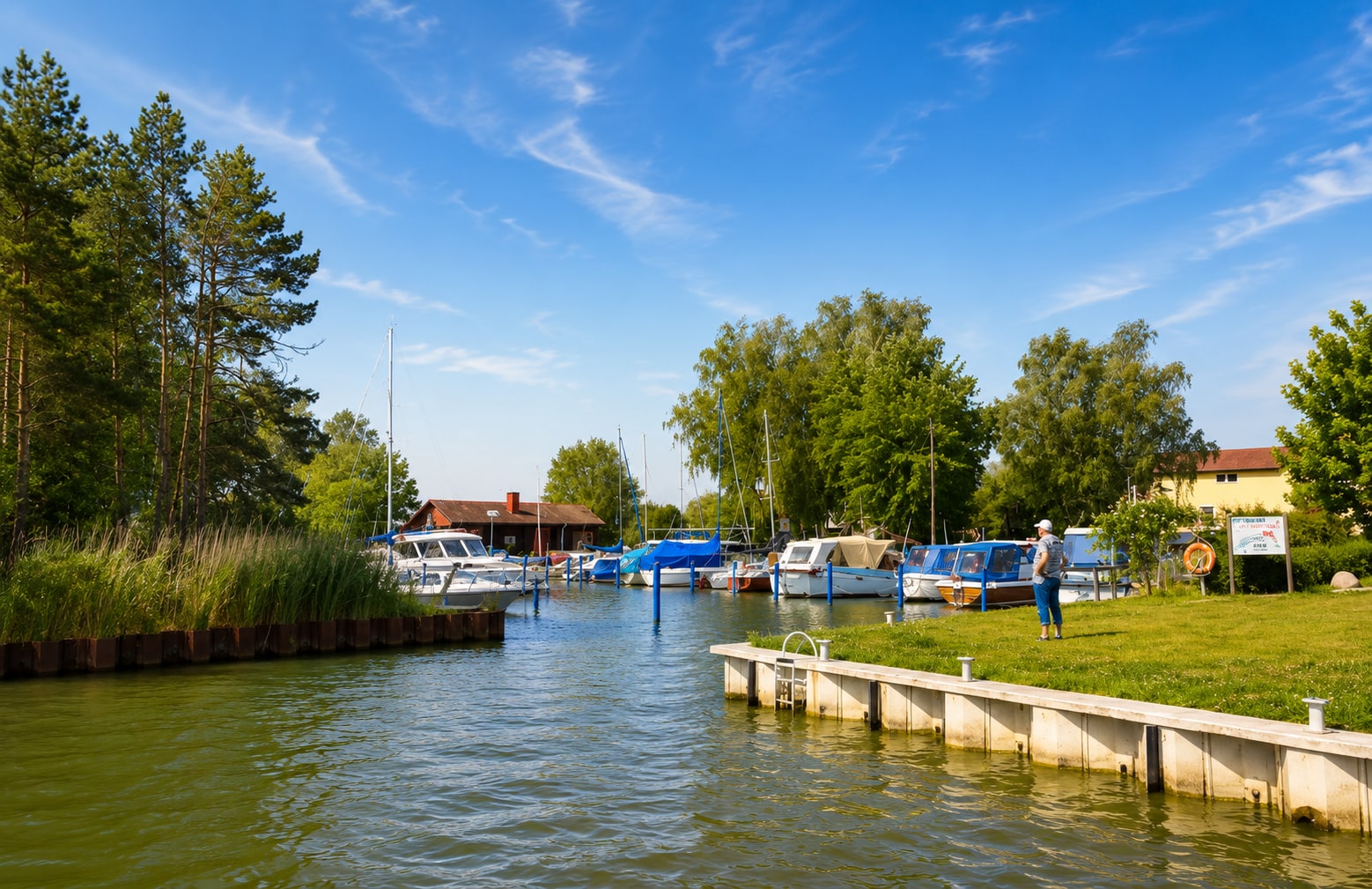 Bootshafen von Dändorf am Saaler Bodden mit Steg und liegenden Booten