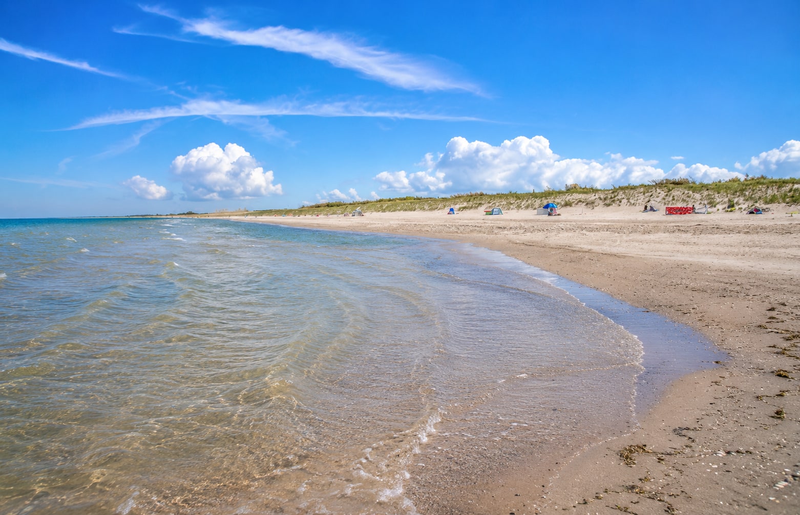 Ostsee bei Dierhagen Strand: flach auslaufende Wellen, breiter Sandstrand und die Dünenkante dahinter