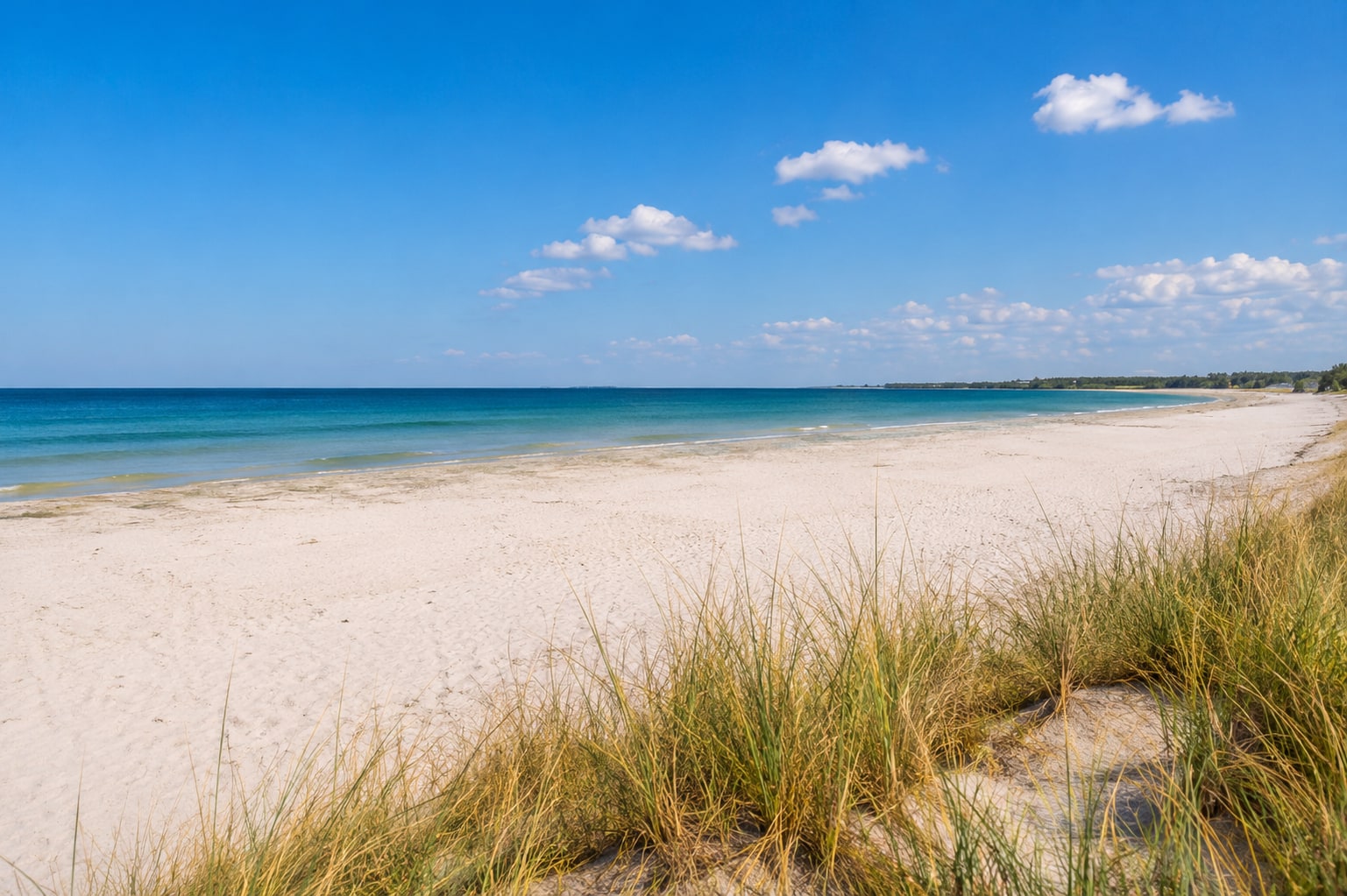 Weiter Sandstrand von Dierhagen mit Dünengras im Vordergrund und ruhiger Ostsee