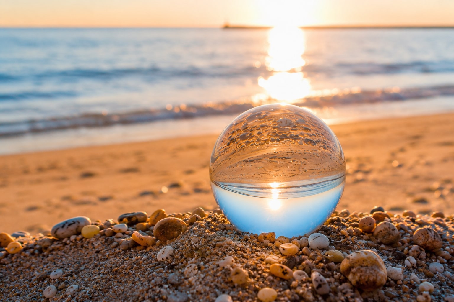 Glaskugel im Sand am Strand von Dierhagen, dahinter die Abendsonne über der Ostsee